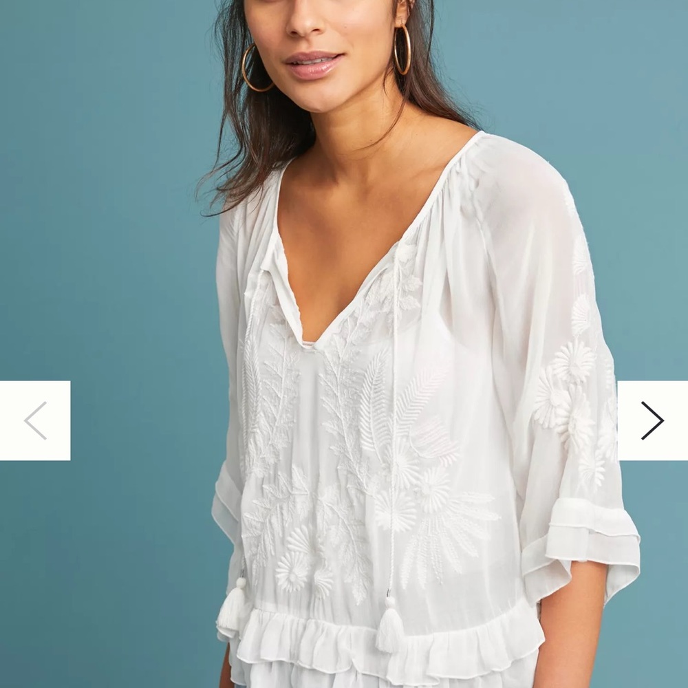Anthropologie White Sheer Embroidered Blouse Ephesus Embroidered Blouse